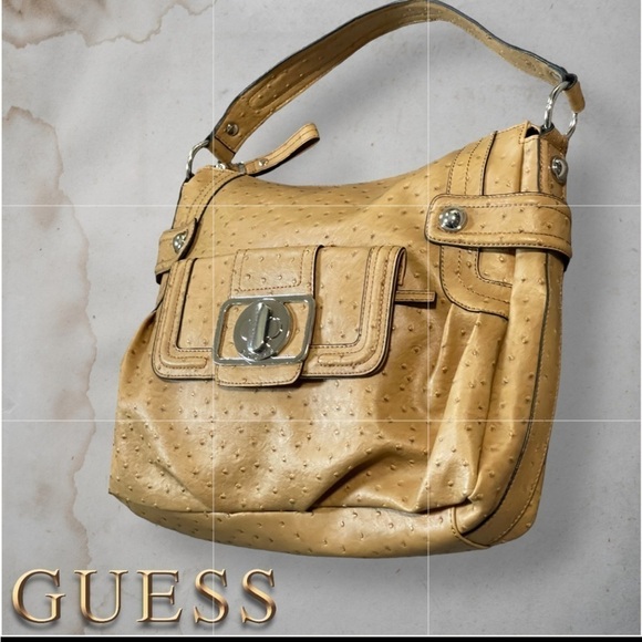 GUESS Enchanted Faux Ostrich Leather Tan and Silver Hobo Bag - Picture 1 of 16